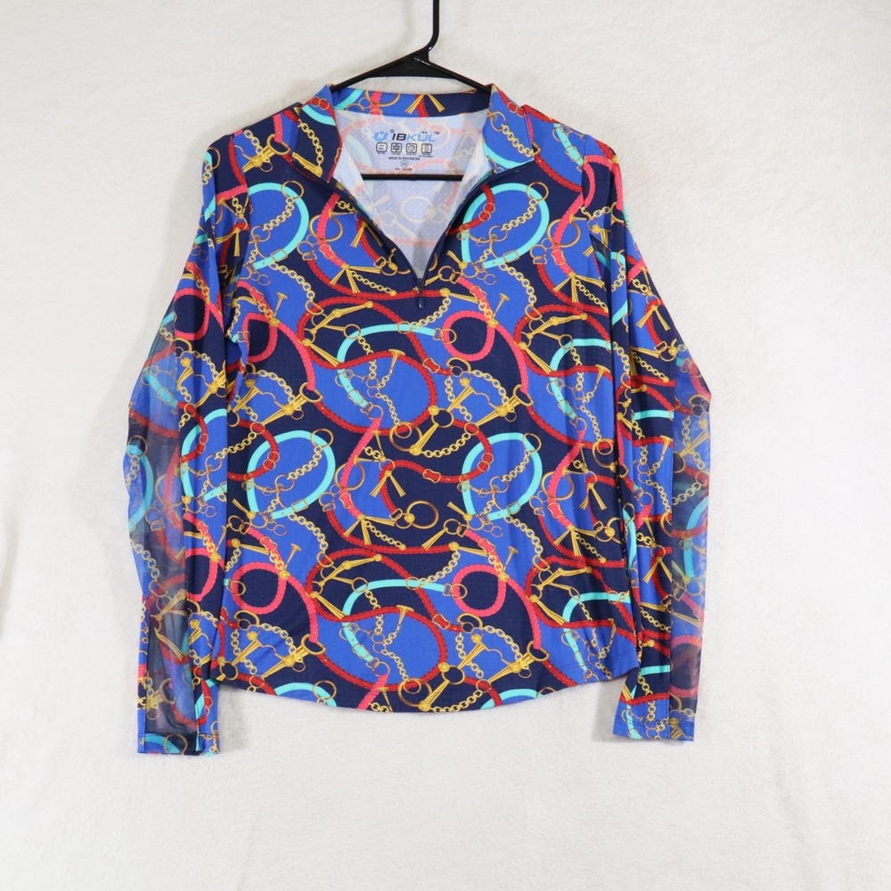 IBKUL Womens XS Equestrian Sun Shirt UPF 50+ 1/4 Zip Blue Bit Chain Print Top